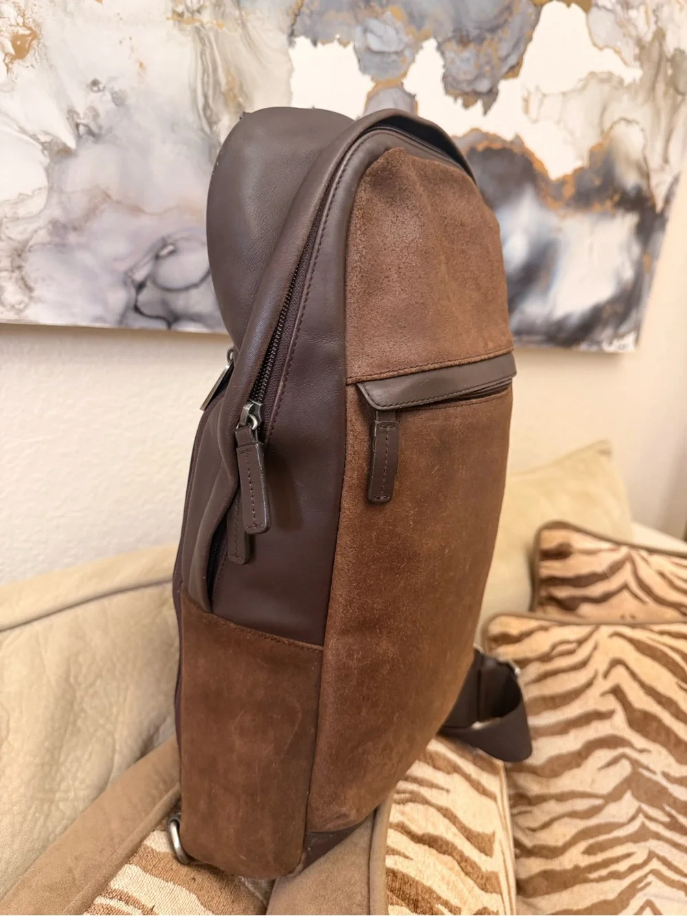 Coach Brown Suede & Dark Brown Leather Sling Backpack